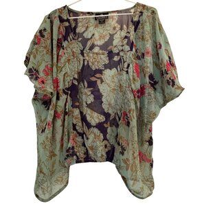 Angie sheer top L floral navy and teal
